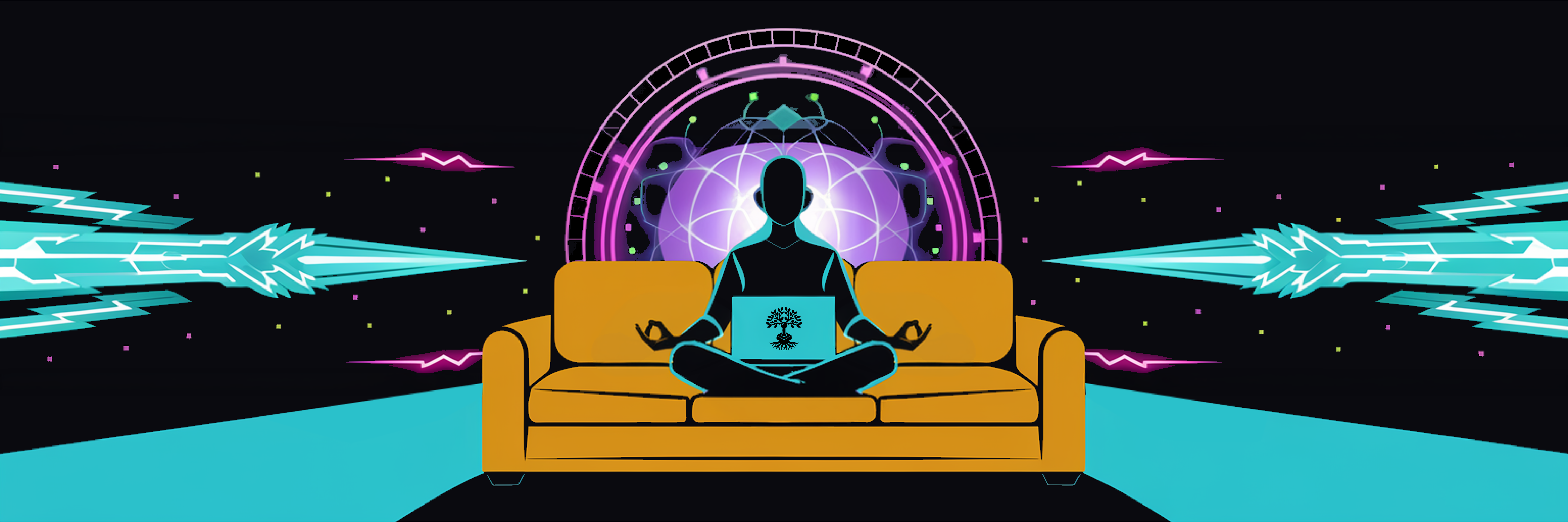 s0f4surf3r — Vektor-Figur im Sessel, digitale Energie